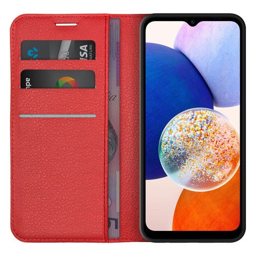 Leather Wallet Case & Card Holder Pouch for Samsung Galaxy A14 5G / 4G - Red