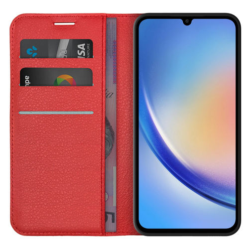 Leather Wallet Case & Card Holder Pouch for Samsung Galaxy A34 5G - Red