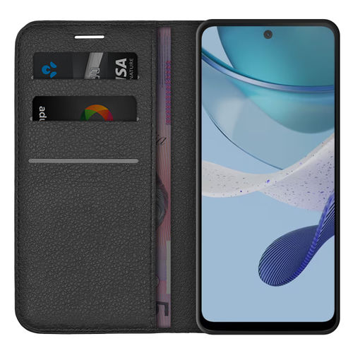 Leather Wallet Case & Card Holder Pouch for Motorola Moto G53 - Black
