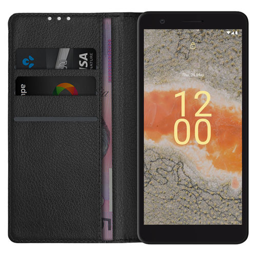 Leather Wallet Case & Card Holder Pouch for Nokia C02 - Black