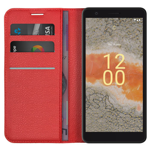 Leather Wallet Case & Card Holder Pouch for Nokia C02 - Red