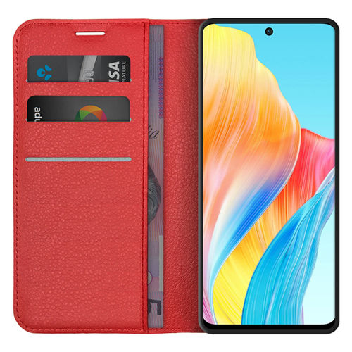 Leather Wallet Case & Card Holder Pouch for Oppo A98 5G - Red