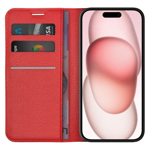 Leather Wallet Case & Card Holder Pouch for Apple iPhone 15 - Red