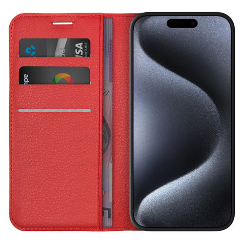 Leather Wallet Case & Card Holder Pouch for Apple iPhone 15 Pro - Red