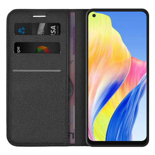 Leather Wallet Case & Card Holder Pouch for Oppo A78 4G - Black