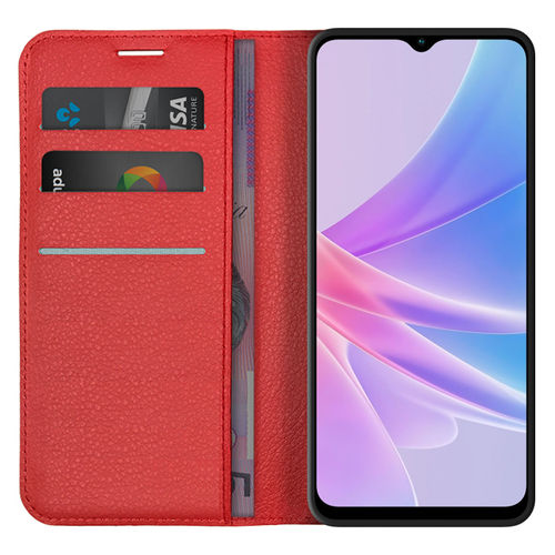 Leather Wallet Case & Card Holder Pouch for Oppo A78 5G - Red