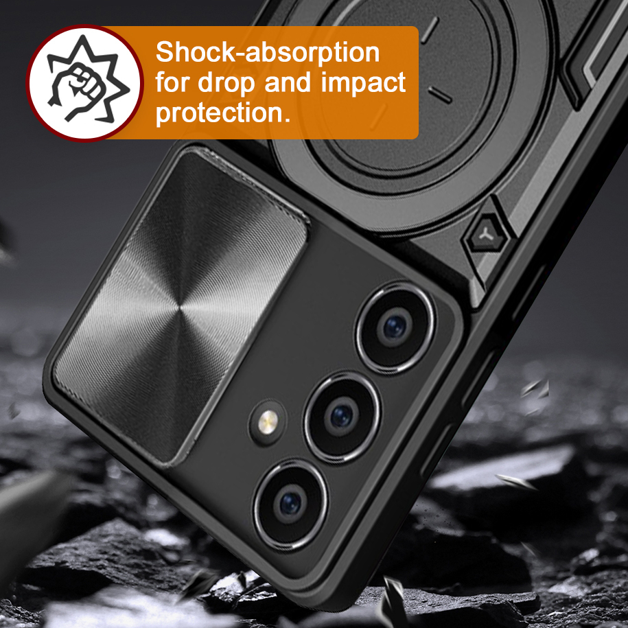 Slim Armour Shockproof Case / Slide Camera / Finger Ring Holder for Samsung Galaxy S23 FE - Black