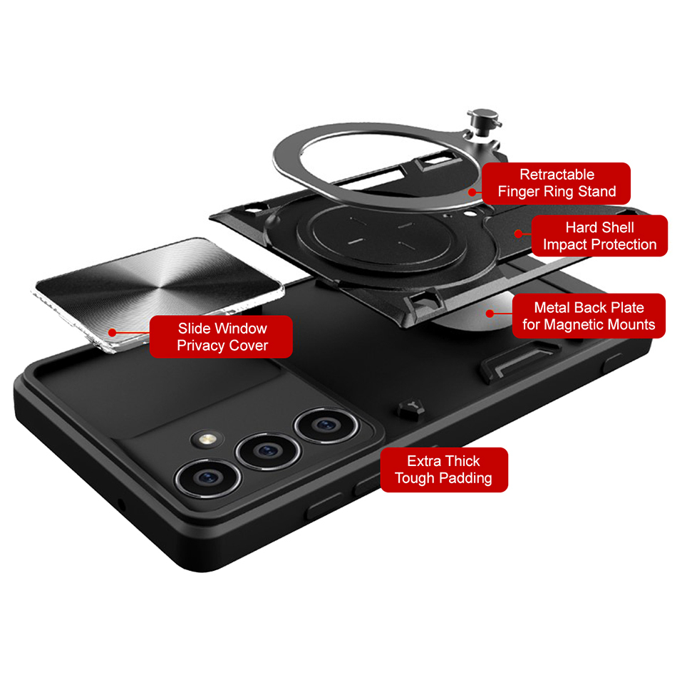 Slim Armour Shockproof Case / Slide Camera / Finger Ring Holder for Samsung Galaxy S23 FE - Black