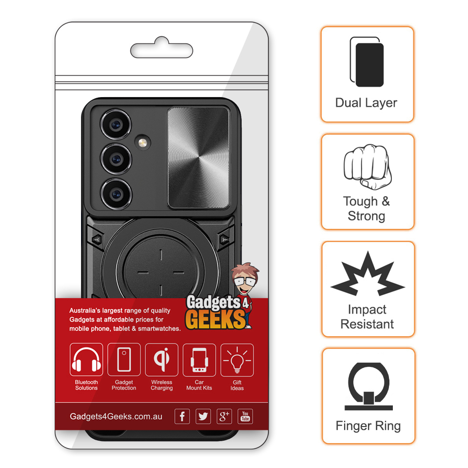 Slim Armour Shockproof Case / Slide Camera / Finger Ring Holder for Samsung Galaxy S23 FE - Black