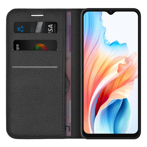 Leather Wallet Case & Card Holder Pouch for Oppo A38 4G - Black
