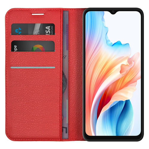 Leather Wallet Case & Card Holder Pouch for Oppo A38 4G - Red
