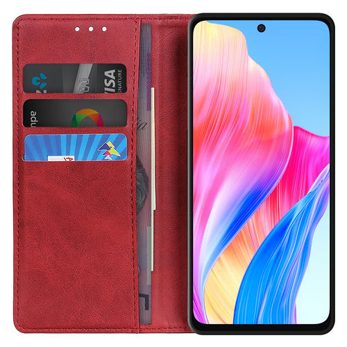 Leather Wallet Case & Card Holder Pouch for Oppo A58 4G - Red