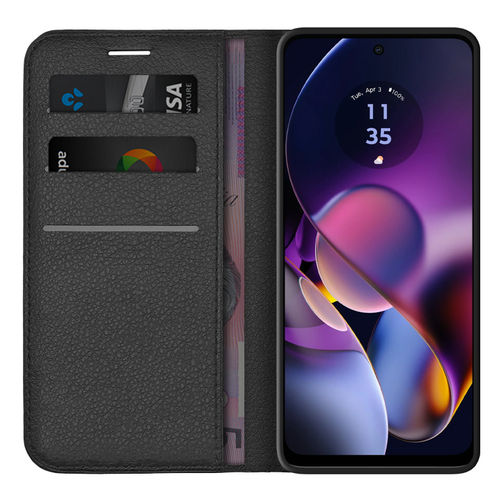 Leather Wallet Case & Card Holder Pouch for Motorola Moto G54 - Black