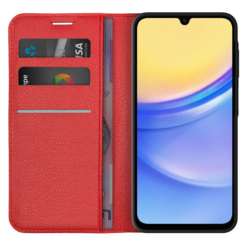 Leather Wallet Case & Card Holder Pouch for Samsung Galaxy A15 5G - Red