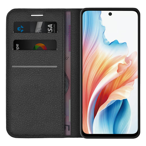 Leather Wallet Case & Card Holder Pouch for Oppo A79 5G - Black