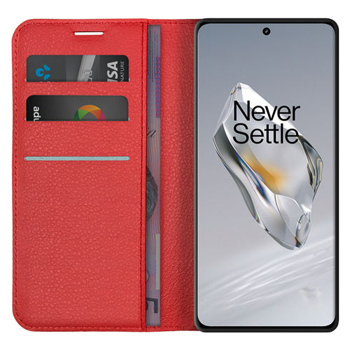 Leather Wallet Case & Card Holder Pouch for OnePlus 12 - Red