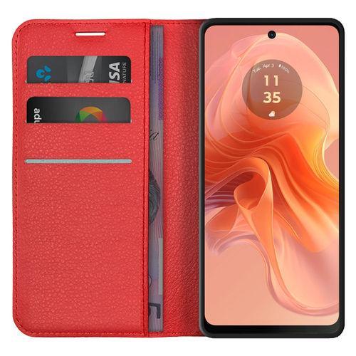 Leather Wallet Case & Card Holder Pouch for Motorola Moto G04 / G24 / E14 - Red