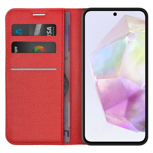 Leather Wallet Case & Card Holder Pouch for Samsung Galaxy A35 5G - Red