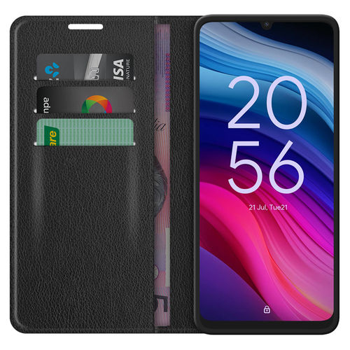 Leather Wallet Case & Card Holder Pouch for TCL 505 / 505s - Black