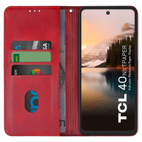 Leather Wallet Case & Card Holder Pouch for TCL 40 NxtPaper - Red