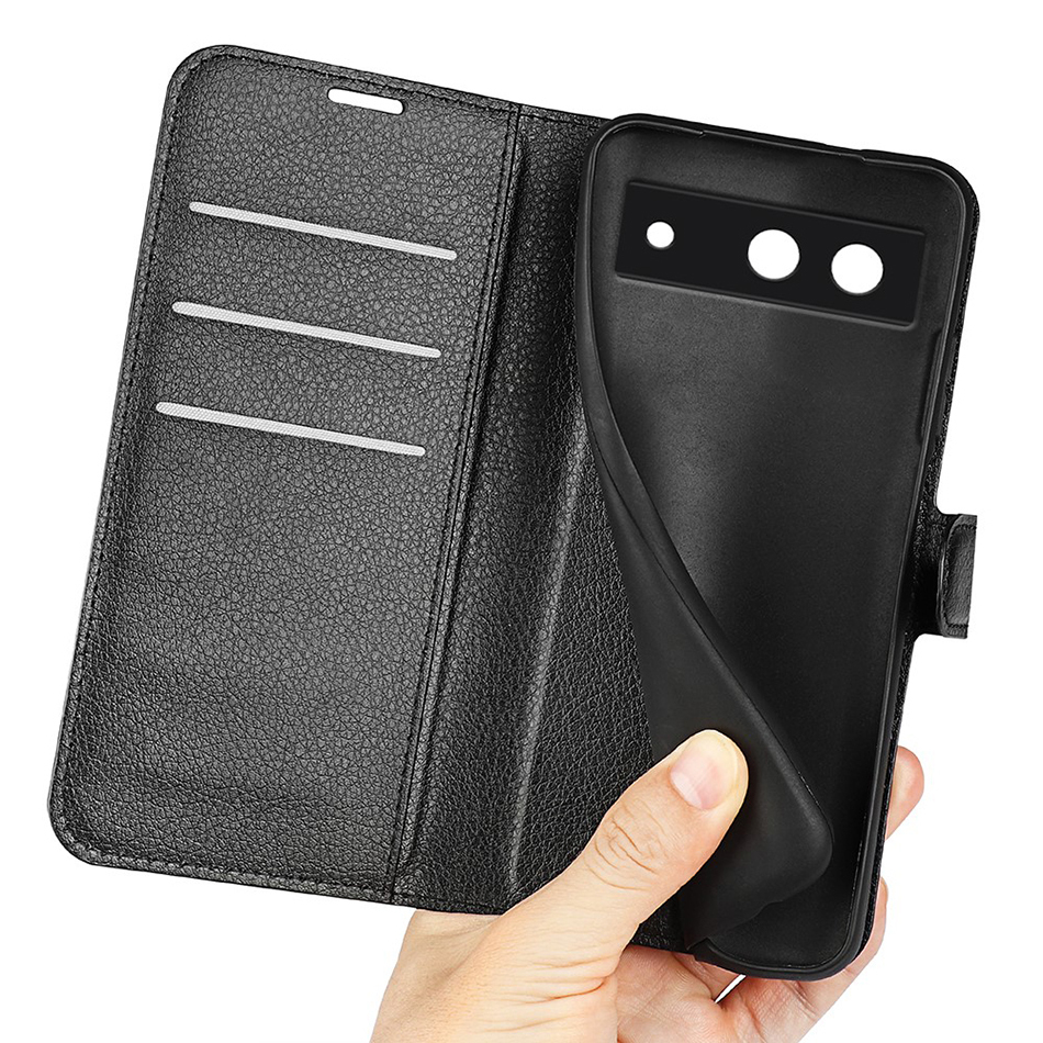Leather Wallet Case & Card Holder Pouch for Google Pixel 8a - Black