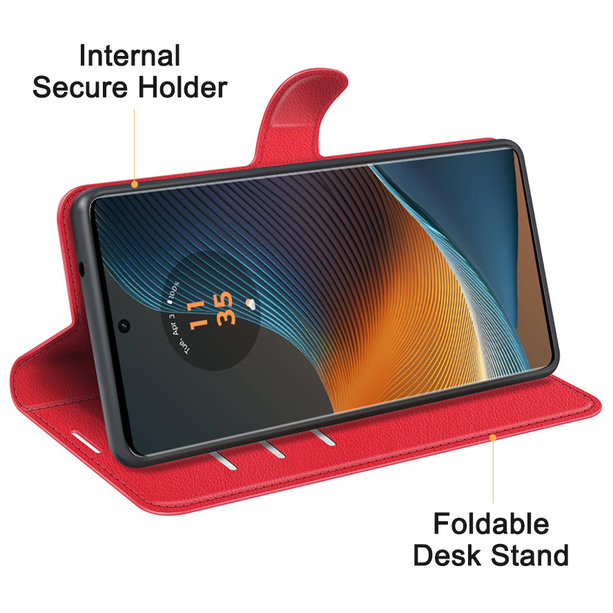 Leather Wallet Case & Card Holder Pouch for Motorola Edge 50 Fusion - Red
