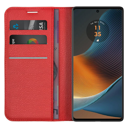 Leather Wallet Case & Card Holder Pouch for Motorola Edge 50 Fusion - Red
