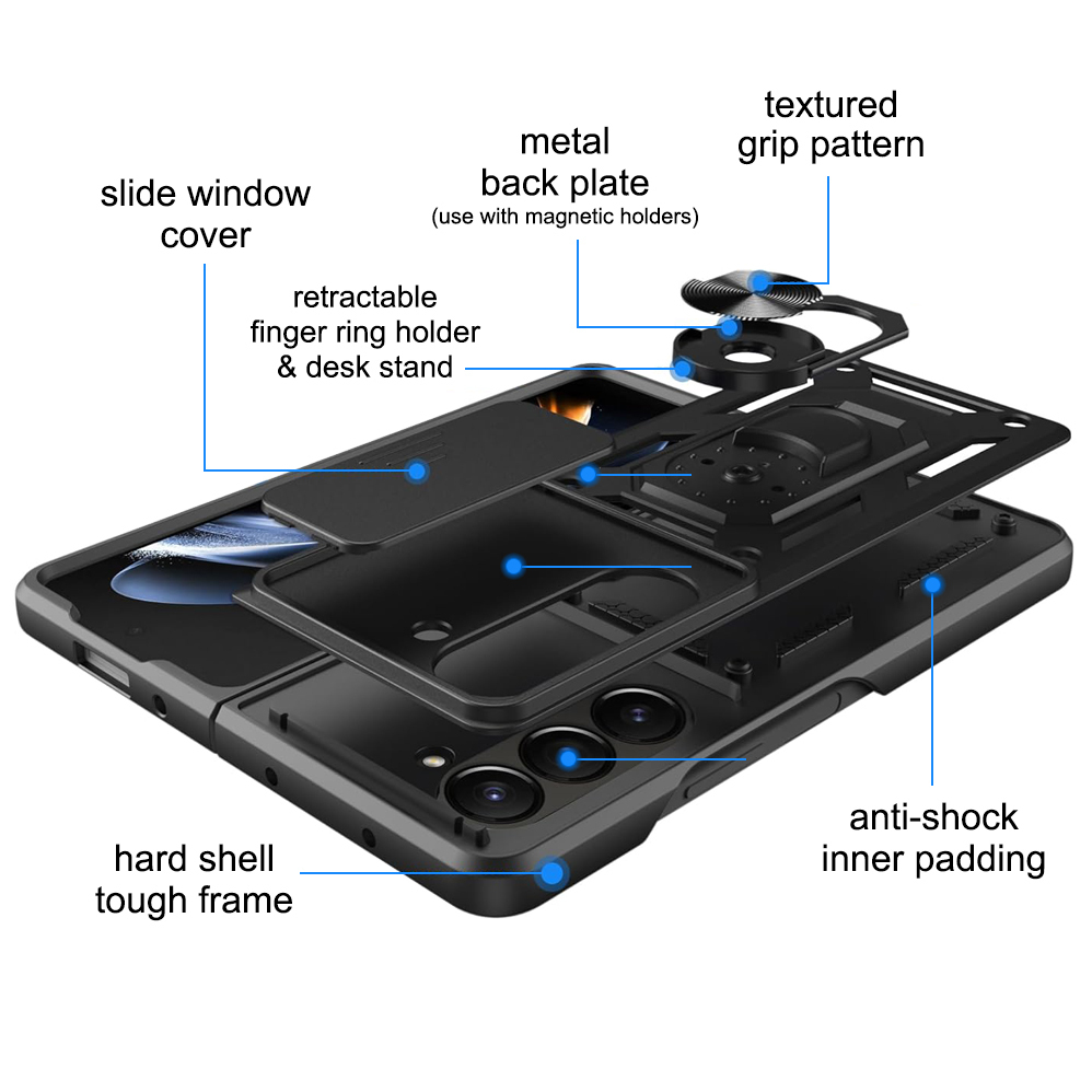 Slim Armour Shockproof Case / Slide Cover / Ring Stand for Samsung Galaxy Z Fold6 - Black