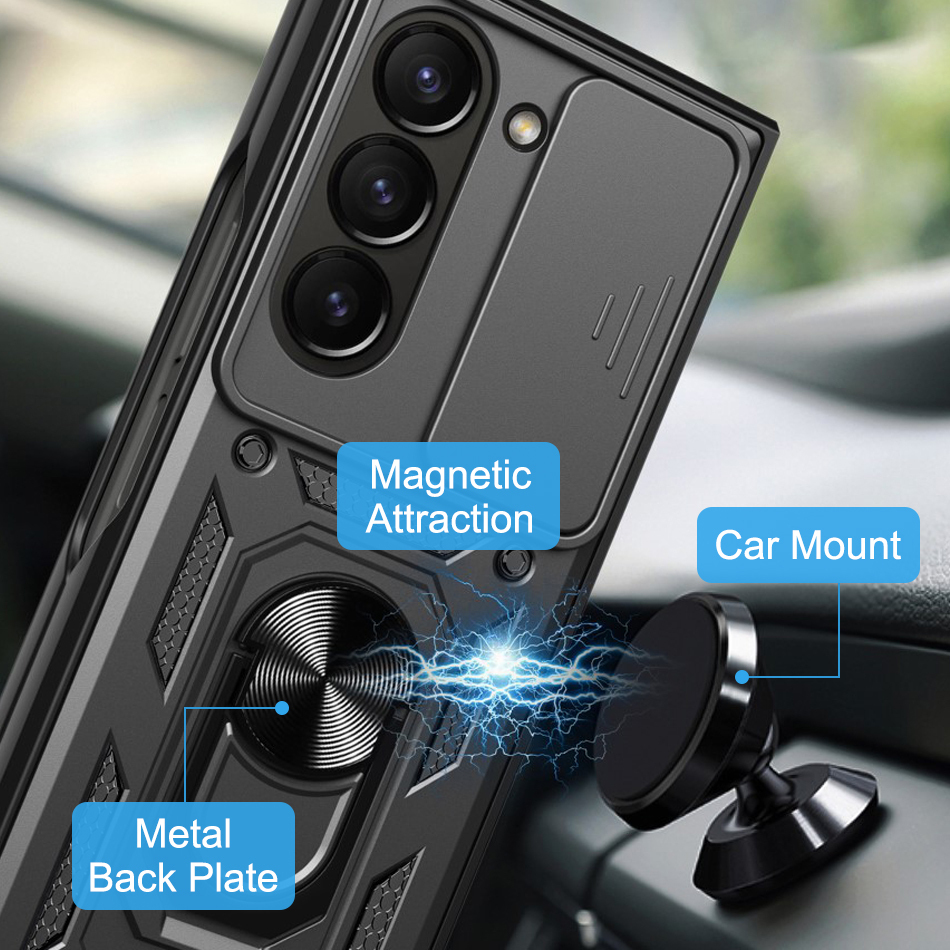Slim Armour Shockproof Case / Slide Cover / Ring Stand for Samsung Galaxy Z Fold6 - Black