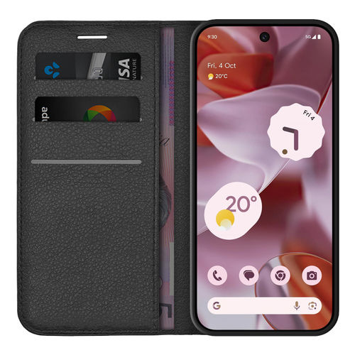Leather Wallet Case & Card Holder Pouch for Google Pixel 9 / 9 Pro - Black