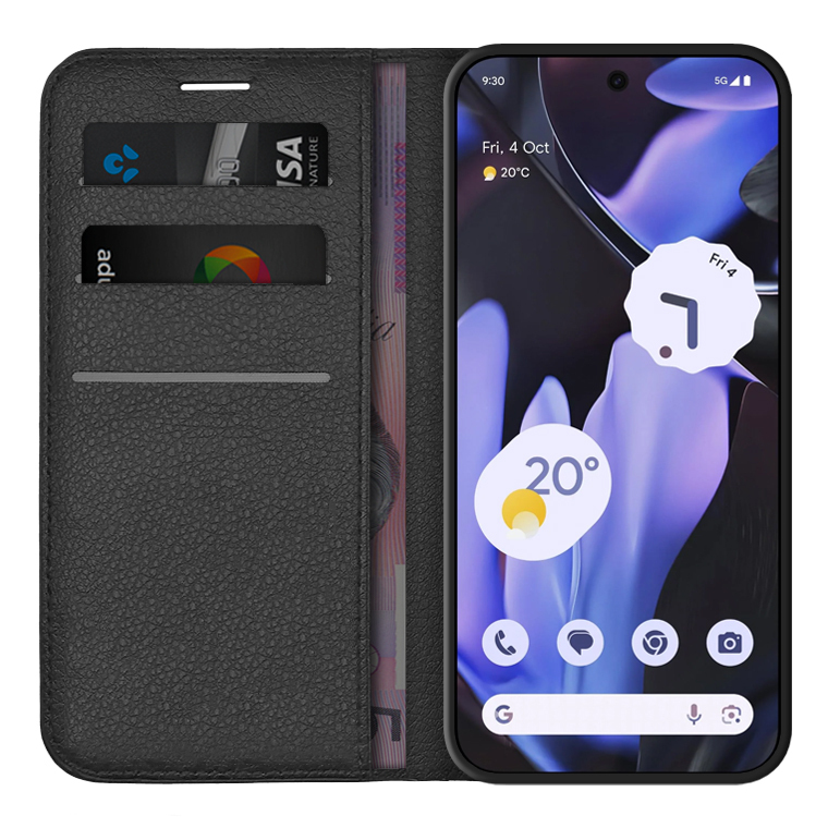 Leather Wallet Case & Card Holder Pouch for Google Pixel 9 Pro XL - Black
