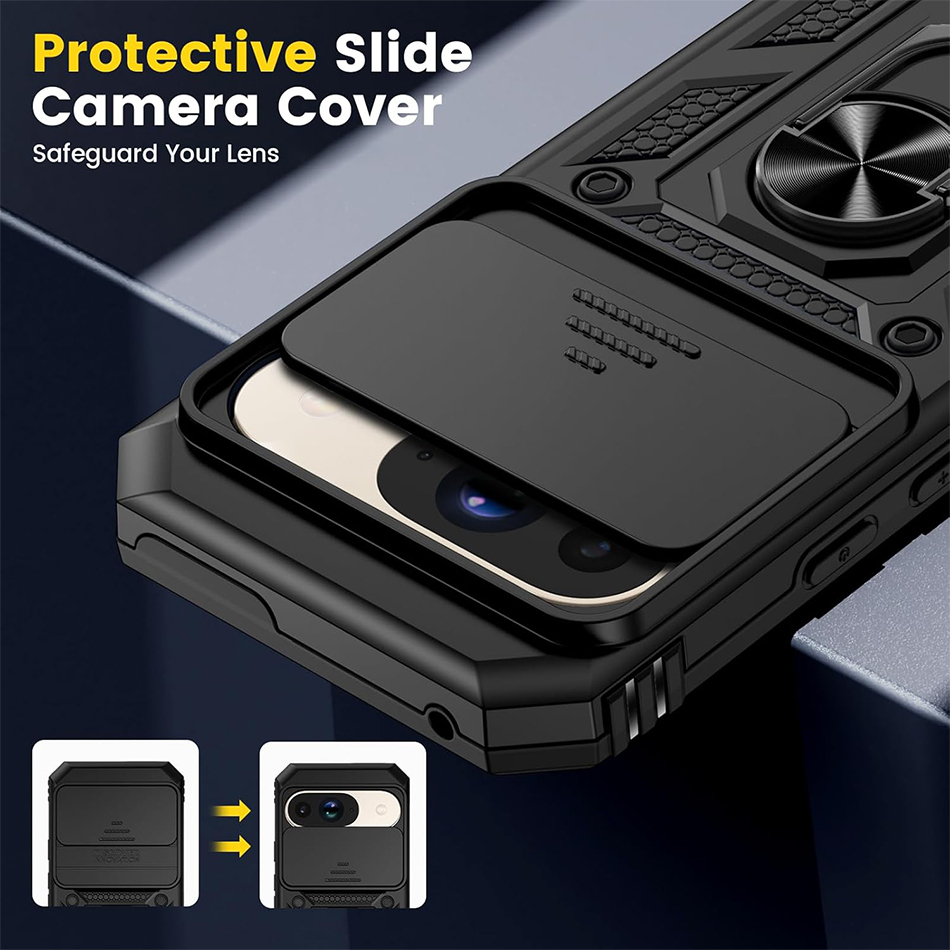 Heavy Duty Shockproof Case / Slide Camera Cover for Google Pixel 9 / 9 Pro - Black