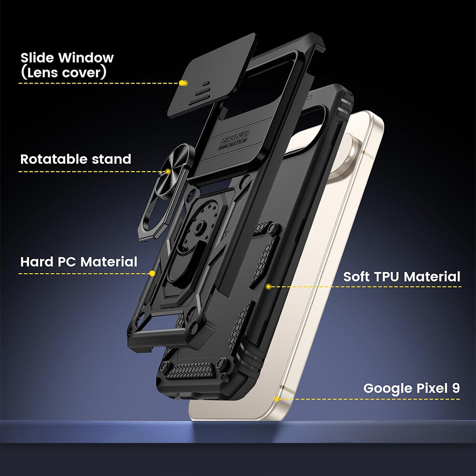 Heavy Duty Shockproof Case / Slide Camera Cover for Google Pixel 9 / 9 Pro - Black