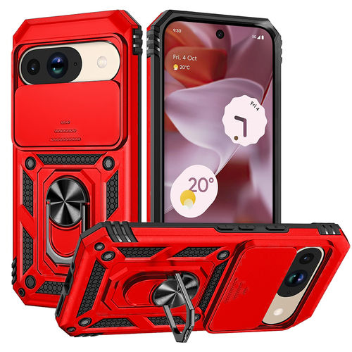 Heavy Duty Shockproof Case / Slide Camera Cover for Google Pixel 9 / 9 Pro - Red