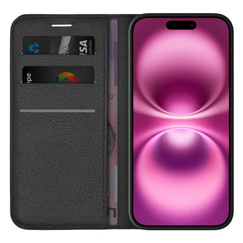 Leather Wallet Case & Card Holder Pouch for Apple iPhone 16 - Black