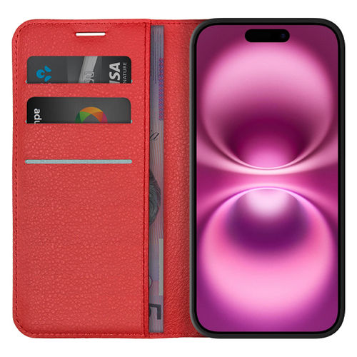 Leather Wallet Case & Card Holder Pouch for Apple iPhone 16 - Red