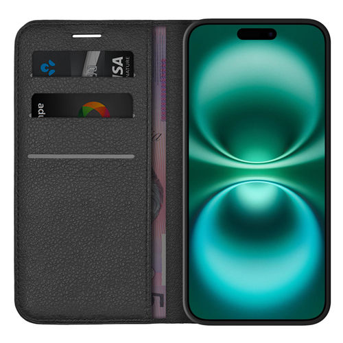 Leather Wallet Case & Card Holder Pouch for Apple iPhone 16 Plus - Black