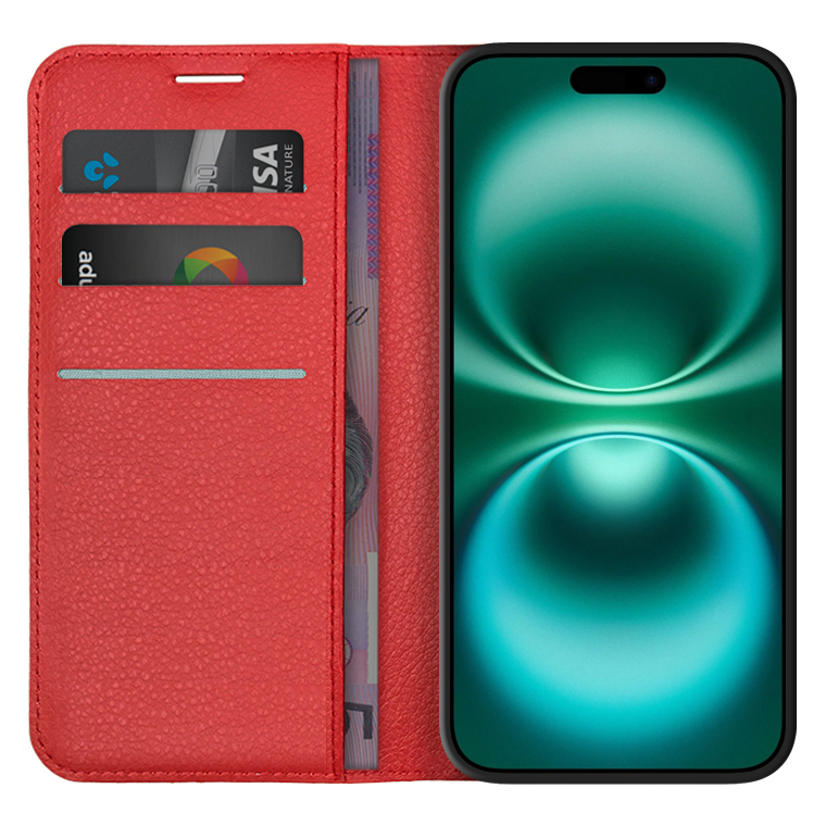 Leather Wallet Case & Card Holder Pouch for Apple iPhone 16 Plus - Red