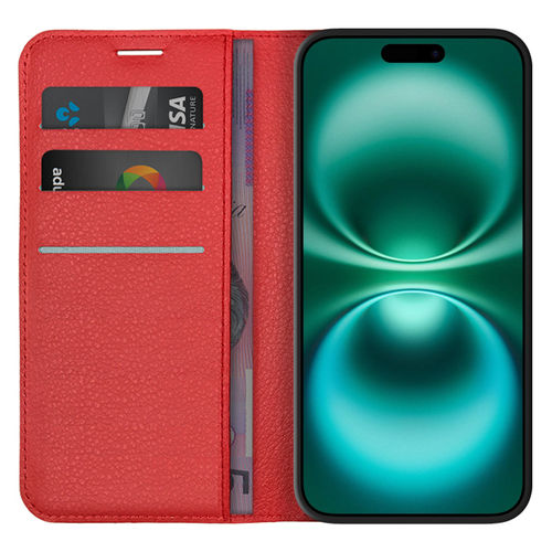 Leather Wallet Case & Card Holder Pouch for Apple iPhone 16 Plus - Red