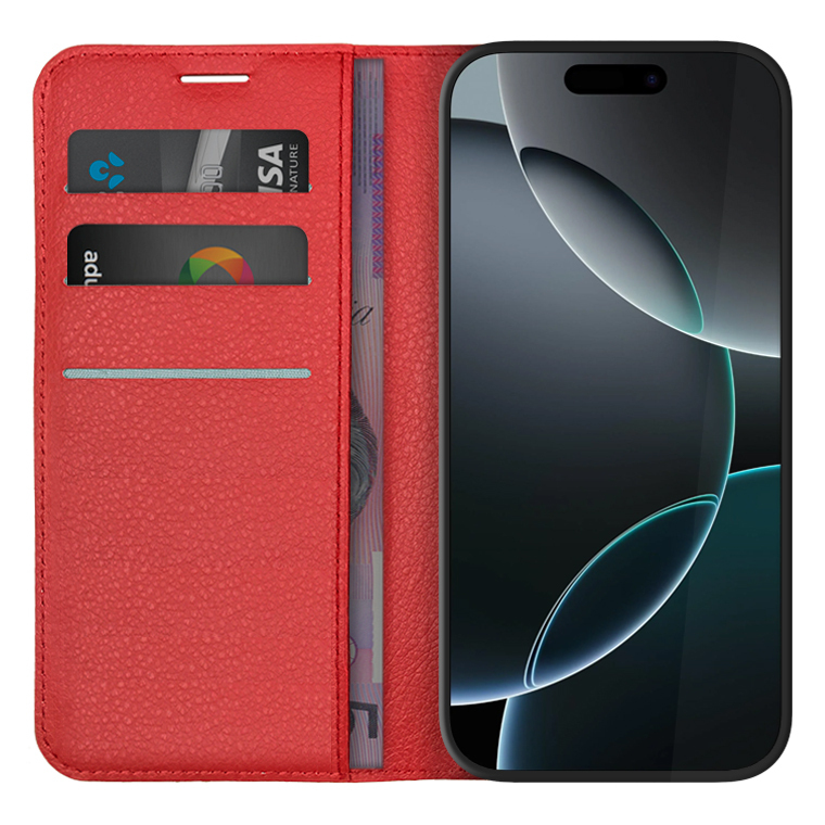 Leather Wallet Case & Card Holder Pouch for Apple iPhone 16 Pro - Red