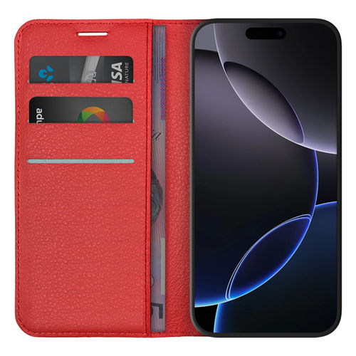 Leather Wallet Case & Card Holder Pouch for Apple iPhone 16 Pro Max - Red