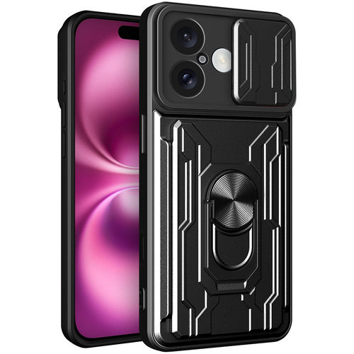 Heavy Duty Slide Case / Card Slot Holder / Camera Cover for Apple iPhone 16 - Black