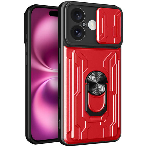 Heavy Duty Slide Case / Card Slot Holder / Camera Cover for Apple iPhone 16 - Red