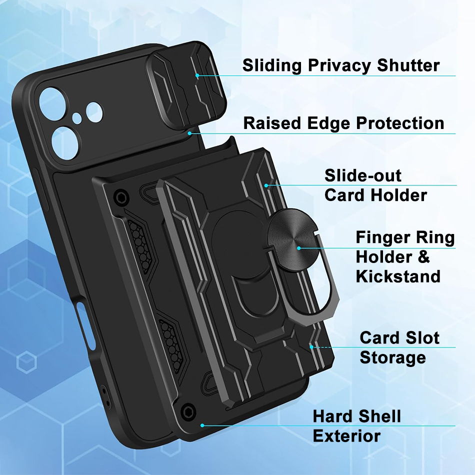 Heavy Duty Slide Case / Card Slot Holder / Camera Cover for Apple iPhone 16 Plus - Black