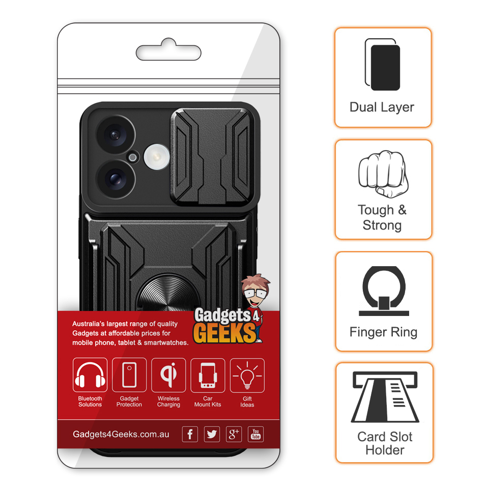 Heavy Duty Slide Case / Card Slot Holder / Camera Cover for Apple iPhone 16 Plus - Black
