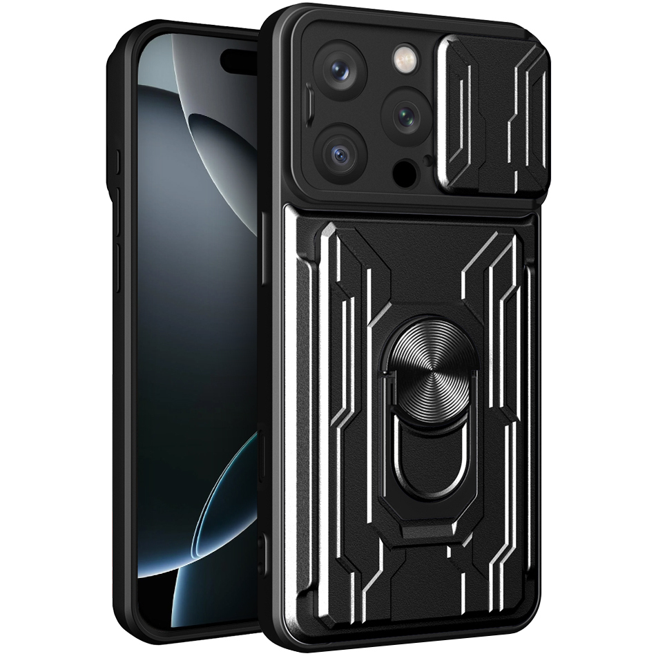 Heavy Duty Slide Case / Card Slot Holder / Camera Cover for Apple iPhone 16 Pro - Black