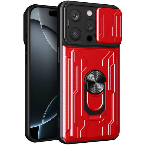 Heavy Duty Slide Case / Card Slot Holder / Camera Cover for Apple iPhone 16 Pro - Red