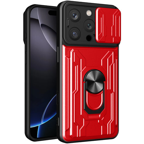 Heavy Duty Slide Case / Card Slot Holder / Camera Cover for Apple iPhone 16 Pro Max - Red