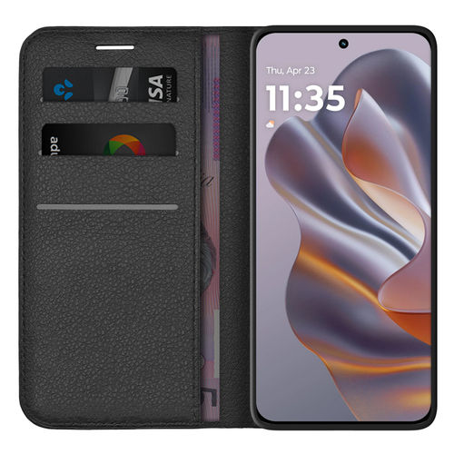 Leather Wallet Case & Card Holder Pouch for Motorola Edge 50 Neo - Black
