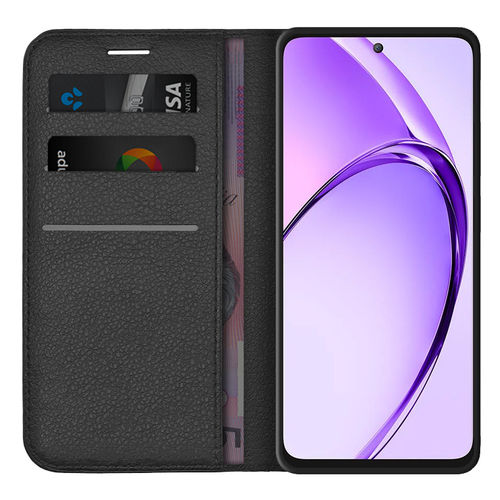 Leather Wallet Case & Card Holder Pouch for Oppo A80 5G - Black